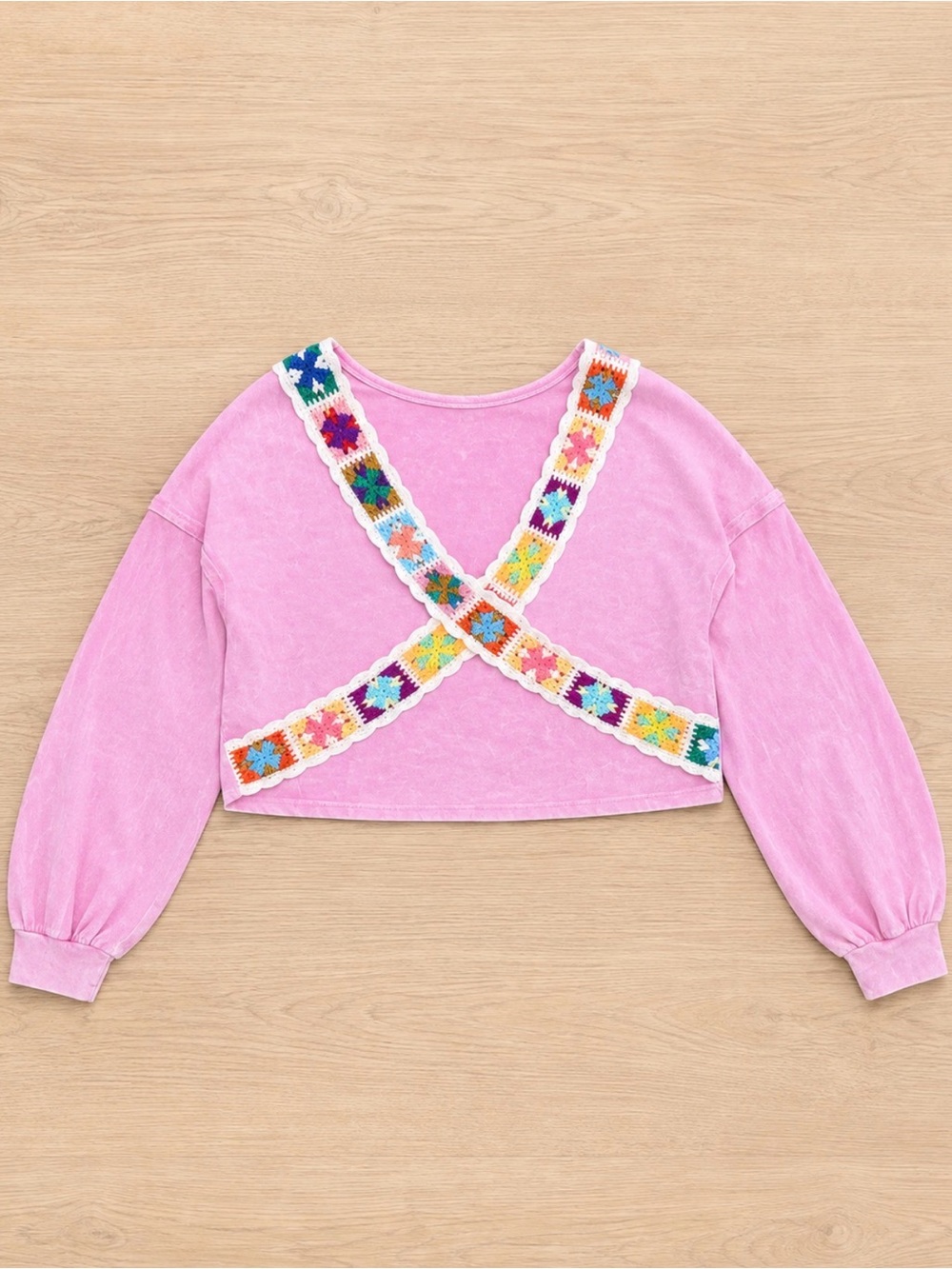 Womens Pink Cropped Sweatshirt with open back 
with Multicolor Crochet Straps